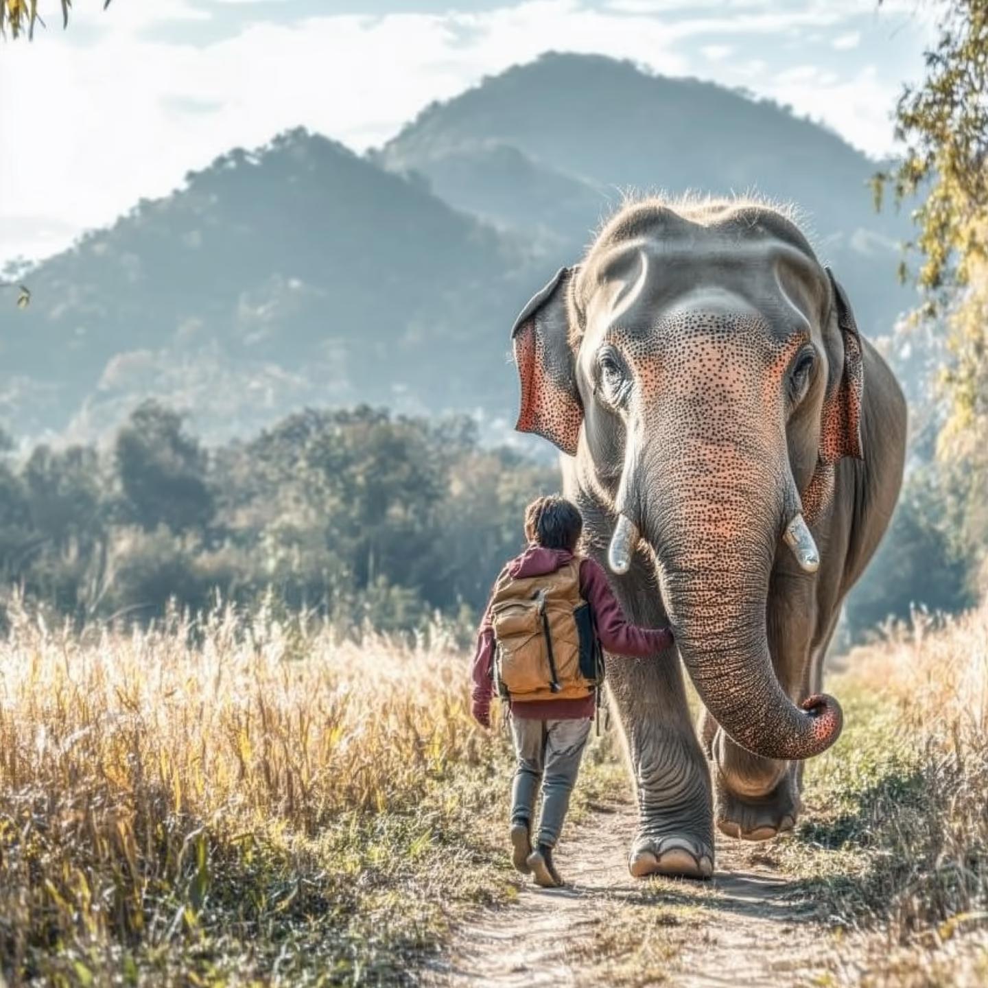 An elephant riding on someone's shoulder in a playful scene.