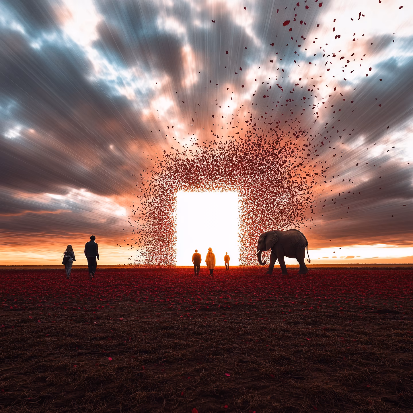 People and an elephant walking toward a bright open doorway