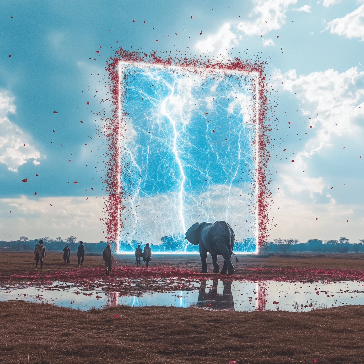 People walking with an elephant toward a bright blue doorway