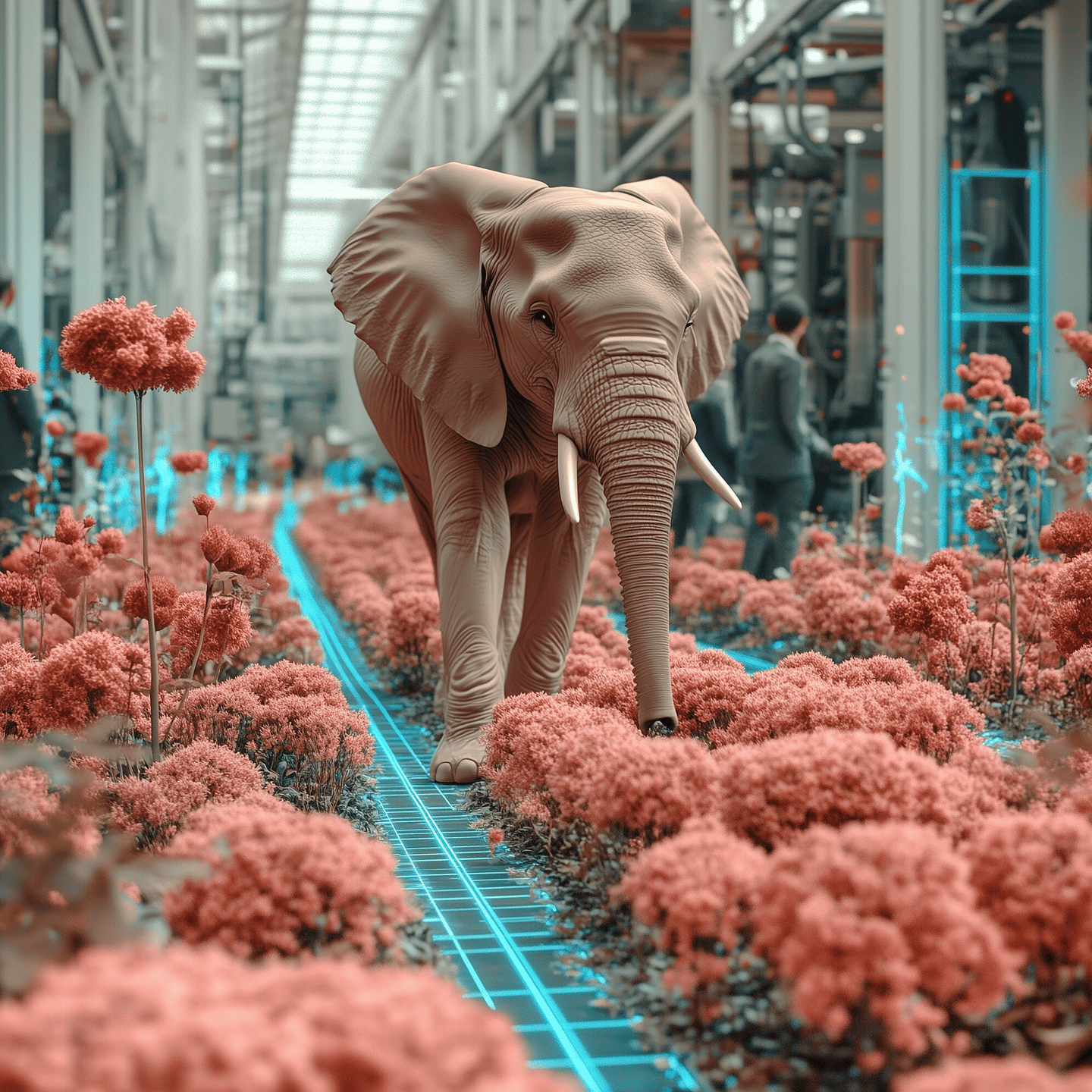 An elephant and people following a bright path through a city