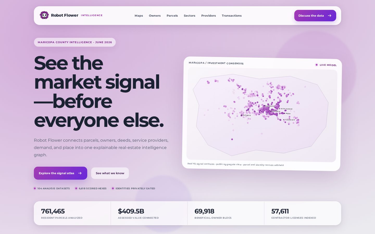 Robot Flower Intelligence displaying a Maricopa County real-estate signal atlas