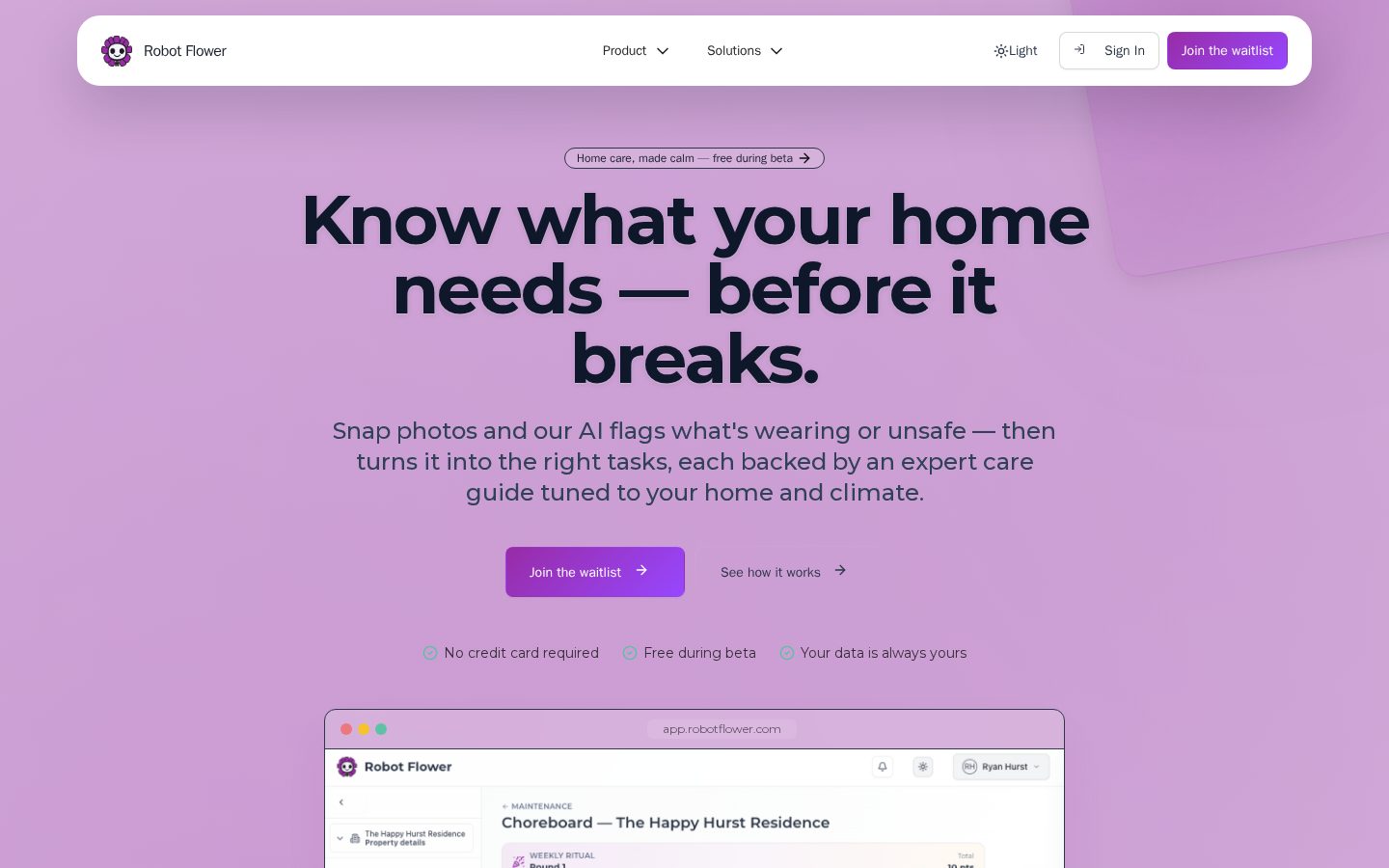 Robot Flower website introducing an AI-assisted home maintenance and inspection product