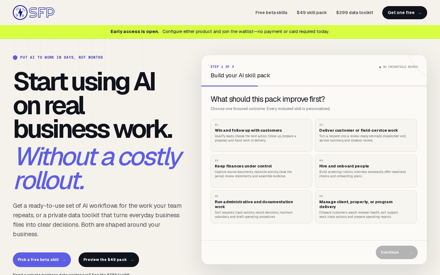 Service Flow Pro website showing a guided AI workflow pack configuration